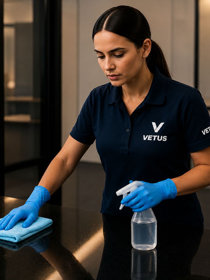 Profissional de limpeza do Grupo Vetus higienizando um balcão