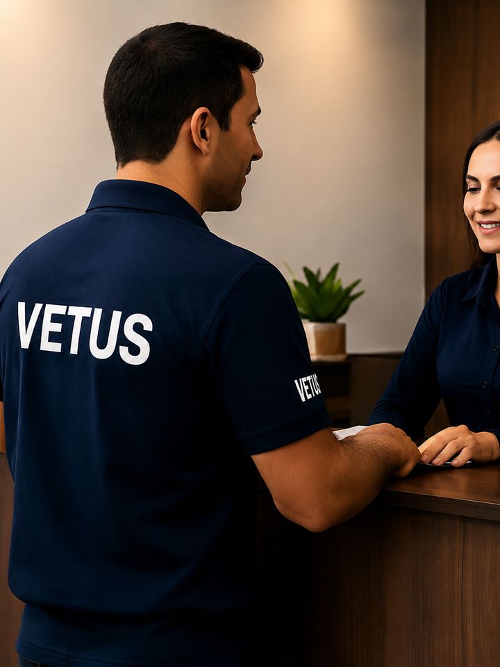 Recepcionista e colaborador do Grupo Vetus atendendo na portaria